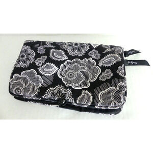 Thirty One Jewelry Travel Case Bag Storage Black/White Floral BiFold Zip Pockets